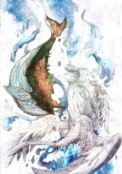 Rule 34 | bismarck (final fantasy), commentary, copyright name, dual persona, english commentary, feathered wings, final fantasy, final fantasy xiv, flower, flying whale, horns, no humans, red flower, rotational symmetry, ruka (blueplus84), sharp teeth, single horn, spikes, teeth, twitter username, whale, white wings, wings