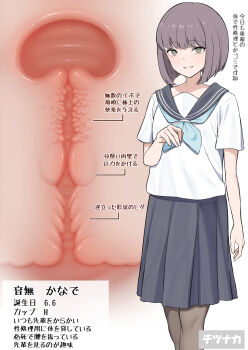 1girl absurdres black_sailor_collar black_skirt blue_neckerchief blush bob_cut brown_hair cervix commentary_request cross-section green_eyes grey_pantyhose highres inverted_bob looking_at_viewer neckerchief original pantyhose parted_lips pipi20211026 sailor_collar school_uniform serafuku shirt short_hair short_sleeves skirt solo standing translation_request white_shirt