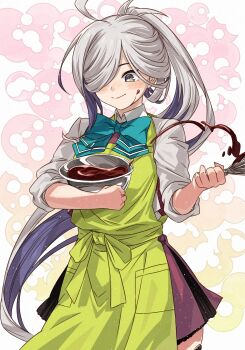 Rule 34 | 1girl, ahoge, apron, aqua bow, aqua bowtie, asashimo (kancolle), asashimo kai ni (kancolle), blazer, bow, bowl, bowtie, chocolate, commentary request, dress, green apron, grey eyes, grey hair, grey jacket, hair over one eye, halter dress, halterneck, highres, jacket, kanmiya shinobu, kantai collection, long hair, ponytail, purple dress, school uniform, sleeves rolled up, solo, thighhighs, whisk