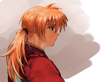 1boy closed_mouth commentary_request from_side highres himura_kenshin japanese_clothes kimono long_hair low_ponytail male_focus mame_moyashi orange_hair ponytail profile red_kimono rurouni_kenshin solo upper_body