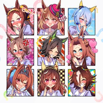 6+girls a_passing_phantom absurdres anger_vein animal_ears black_hair blue_hair blush breasts brown_hair buena_vista_(umamusume) chart closed_eyes closed_mouth commentary_request daiwa_scarlet_(umamusume) embarrassed fang forehead grin hair_ornament hair_over_one_eye hairband hat heart highres horse_ears horse_girl k.s.miracle_(umamusume) kawakami_princess_(umamusume) long_hair looking_at_viewer medium_hair multiple_girls narita_taishin_(umamusume) north_flight_(umamusume) one_eye_closed open_mouth ponytail portrait purple_eyes sakura_bakushin_o_(umamusume) school_uniform smile tracen_school_uniform tsundere twintails umamusume vodka_(umamusume) winning_ticket_(umamusume)