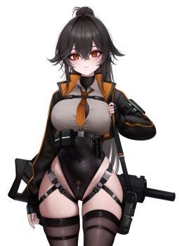 1girl absurdres black_hair black_jacket black_leotard brown_thighhighs chest_harness closed_mouth collared_shirt covered_navel cowboy_shot cropped_jacket crotch_zipper expressionless hair_between_eyes harness highleg highleg_leotard highres jacket leotard long_hair long_sleeves looking_at_viewer madan_(kkh8936) mole mole_under_eye necktie open_clothes open_jacket orange_eyes orange_necktie original ponytail shirt simple_background skindentation solo thighhighs weapon weapon_on_back white_background white_shirt