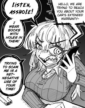 Rule 34 | 1girl, @ @, angry, artist name, bags under eyes, breasts, cellphone, commentary, elbow on table, english commentary, english text, greyscale, highres, holding, holding phone, large breasts, long hair, looking at phone, mimi (nhim), monochrome, nhim, open mouth, original, phone, profanity, sharp teeth, shouting, smartphone, sweater, teeth