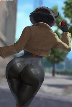 1girl ass ass_focus back black_bodysuit black_hair blue_sky bodysuit bodysuit_under_clothes brown_jacket cropped_jacket dark-skinned_female dark_skin emma_(pokemon) gloves grey_bodysuit hair_ornament highres holding holding_poke_ball huge_ass jacket latex latex_bodysuit lumiose_city multicolored_gloves nintendo oroborus poke_ball poke_ball_(basic) pokemon pokemon_legends:_z-a sky steaming_body thighs tight_clothes tree two-tone_gloves