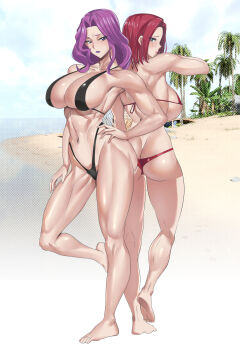 2girls ass bare_shoulders beach bikini black_bikini breasts butt_crack cleavage code_geass cornelia_li_britannia hand_on_own_hip highres koucha_indian kouzuki_kallen large_breasts lipstick long_hair makeup multiple_girls muscular muscular_female navel purple_hair purple_lips red_bikini red_hair short_hair swimsuit thighs