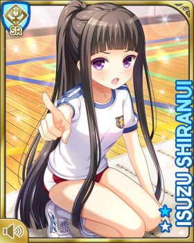 1girl bare_arms bare_legs bare_shoulders black_hair buruma card_(medium) girlfriend_(kari) gym headband indoors kneeling open_mouth pointing pointing_at_viewer ponytail purple_eyes qp:flapper red_buruma red_headband shiranui_isuzu shirt tagme white_shirt wooden_floor