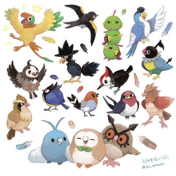 absurdres alternate_color archen beak bird chatot closed_eyes closed_mouth feathers fletchling gen_1_pokemon gen_2_pokemon gen_3_pokemon gen_4_pokemon gen_5_pokemon gen_6_pokemon gen_7_pokemon gen_8_pokemon highres hoothoot jun_toribaka murkrow natu nintendo no_humans open_mouth pidgey pikipek pokemon pokemon_(creature) rookidee rowlet shiny_pokemon signature simple_background spearow squawkabilly squawkabilly_(blue) star_(symbol) starly swablu taillow twitter_username wattrel white_background wings