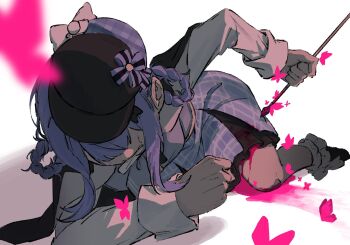 1girl arki_hrzoi arrow_(projectile) biting black_hat blood blue_hair bow braid braided_hair_rings bug butterfly checkered_clothes checkered_skirt clenched_hand clenched_teeth colored_blood commentary_request crying deerstalker frilled_socks frills hair_bow hair_rings hat highres holding holding_arrow insect long_sleeves mahou_shoujo_no_majo_saiban pink_blood red_butterfly self-harm short_hair simple_background skirt socks solo spoilers sweat tachibana_sherry tears teeth white_background
