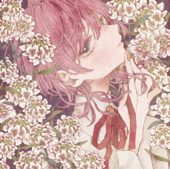 1girl absurdres blush commentary_request flower grey_eyes hand_up highres leaf long_sleeves looking_at_viewer momo_walnut original plant portrait purple_hair red_ribbon ribbon shirt short_hair smile solo white_flower white_shirt yellow_nails