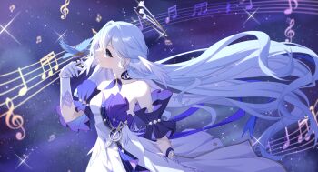 1girl absurdres bead_bracelet beads beamed_sixteenth_notes beamed_sixty-fourth_notes bird bird_on_hand bracelet closed_mouth detached_sleeves dotted_whole_note dress halo head_wings highres honkai:_star_rail honkai_(series) jewelry landscape long_hair looking_at_animal luyue music musical_note musical_staff purple_dress purple_hair purple_sleeves quarter_note robin_(honkai:_star_rail) short_sleeves sixty-fourth_note sparkle star_(sky) strapless strapless_dress treble_clef very_long_hair white_dress white_wings wings