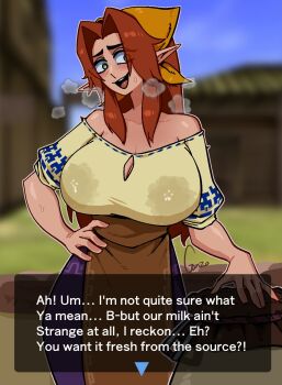 Rule 34 | 1girl, apron, bandana, bare shoulders, blush, breasts, female focus, gonzo (jgonzohasbigdum), green eyes, hand on own hip, heart, highres, lactation, lactation through clothes, large breasts, long hair, looking at viewer, malon, milk, nintendo, pointy ears, red hair, sagging breasts, solo, steam, sweat, the legend of zelda, the legend of zelda: ocarina of time