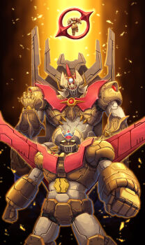 absurdres arm_blade chao_xiaopu clenched_hand clenched_hands glowing glowing_eyes highres horns looking_at_viewer mazinger_(series) mazinger_z mazinger_z:_infinity mazinger_z_(mecha) mazinger_zero_(mecha) mazinkaiser mazinkaiser_(robot) mecha mecha_focus mechanical_wings no_humans pilder redesign robot science_fiction shin_mazinger_zero super_robot weapon wings yellow_eyes yellow_light