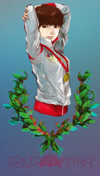 1girl arms_behind_head arms_up blue_background bob_cut brown_eyes brown_hair character_name copyright_name female_focus from_side gold_medal gradient_background highres jacket laurel_wreath lips looking_to_the_side medal mitsui real_life shiina_ringo short_hair simple_background solo sports_(album) sports_jacket tokyo_jihen track_jacket translation_request upper_body