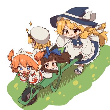 4girls absurdres apron black_shoes black_skirt black_vest blonde_hair blue_bow blue_eyes bow braid brown_hair commentary dress excited fairy fairy_wings frills grass hair_between_eyes hair_bow hair_ribbon hat hat_bow highres kirisame_marisa long_hair long_sleeves luna_child magg_(user_mtca8588) multiple_girls open_mouth orange_hair pushing red_dress red_ribbon ribbon riding running shadow shirt shoes side_braid simple_background skirt socks spoken_star star_(symbol) star_sapphire sunny_milk tongue tongue_out touhou touhou_sangetsusei vest wheelbarrow white_background white_bow white_dress white_hat white_ribbon white_shirt white_socks wings witch witch_hat yellow_eyes