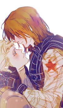 Rule 34 | 2boys, beard stubble, black gloves, black vest, blonde hair, blue eyes, brown hair, bucky barnes, captain america, captain america (series), commentary request, dangsoeo x, facial hair, fingerless gloves, from side, gloves, hands on another's face, highres, korean commentary, looking at another, male focus, marvel, mechanical arms, multiple boys, parted lips, profile, prosthesis, prosthetic arm, simple background, single mechanical arm, star (symbol), steve rogers, stubble, superhero costume, vest, winter soldier, yaoi