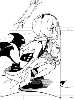 1girl alternate_costume argyle_bikini argyle_clothes bat_wings bikini bikini_skirt blue_archive choker closed_mouth commentary_request cone_horns crocs cropped demon_girl demon_horns demon_tail demon_wings dorontabi expressionless from_side greyscale halo horns ibuki_(blue_archive) jacket legs_folded long_hair looking_ahead low_wings monochrome off_shoulder profile ribbon_choker shoes side_ponytail small_horns solo squatting swimsuit tail tile_floor tiles white_background wings