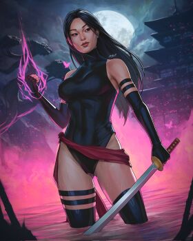 1girl abs architecture armlet armpit_peek asian baobab bare_shoulders black_eyes black_hair blue_gloves blue_leotard blue_thighhighs breasts bug building butterfly clenched_hand clip_studio_paint_(medium) cloud collarbone commission dalejomej dark_cloud east_asian_architecture elbow_gloves eyeliner facing_viewer fingerless_gloves fire fog full_moon gloves groin heattech_leotard highleg highleg_leotard highres holding holding_sword holding_weapon in_water insect jewelry katana lake large_breasts leotard light_particles lips long_hair looking_to_the_side makeup marvel mature_female moon multiple_armlets multiple_thigh_straps night night_sky pink_butterfly pink_eyeliner pink_fire pink_light psylocke realistic red_lips red_sash rock sash sidelocks signature sky solo strapless strapless_leotard sword thigh_strap thighhighs thighs toned toned_female tree turtleneck waist_sash water water_drop weapon wet x-men