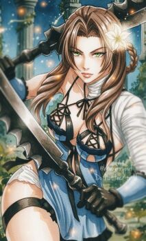 1girl aerith_gainsborough bandaged_arm bandaged_neck bandages black_gloves blue_negligee blue_sleeves braid braided_hair_rings breasts brown_hair cleavage closed_mouth cosplay cow detached_sleeves dual_wielding final_fantasy final_fantasy_vii final_fantasy_vii:_ever_crisis flower gloves green_eyes hair_flower hair_ornament hair_rings holding holding_sword holding_weapon kaine_(nier) kaine_(nier)_(cosplay) long_hair medium_breasts monsterbf1ilove official_alternate_costume panties parted_bangs sidelocks solo sword thigh_strap twitter_username underboob underwear weapon white_panties