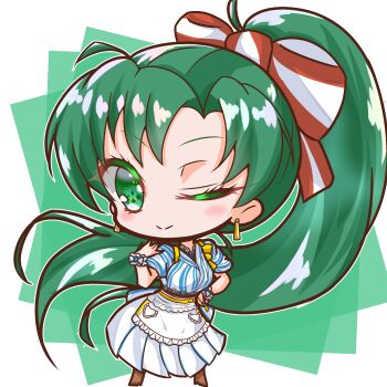 1girl bow chibi earrings fire_emblem fire_emblem:_the_blazing_blade green_eyes green_hair griffonmask11 hair_bow hand_on_own_hip highres jewelry long_hair lyn_(fire_emblem) nintendo one_eye_closed ponytail simple_background skirt smile square white_background white_skirt