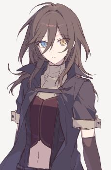 1girl black_jacket blue_eyes breasts brown_eyes brown_gloves brown_hair brown_shirt commentary_request elbow_gloves gloves grey_background heterochromia hijiri_(resetter) jacket long_hair navel original shirt short_sleeves small_breasts solo upper_body