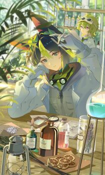 1boy 1girl animal_ear_fluff animal_ears aqua_eyes black_hair bottle cheong1110 collei_(genshin_impact) earrings eyewear_on_head fox_boy fox_ears genshin_impact gloves goggles goggles_around_neck green_hair hair_between_eyes highres jacket jewelry kiehl&#039;s lamp long_hair multicolored_hair purple_eyes short_hair tighnari_(genshin_impact) tighnari_(kiehls&#039;)_(genshin_impact) visor_cap white_gloves white_jacket