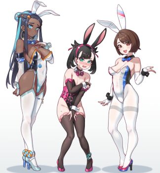 3girls adapted_costume alternate_costume animal_ears armlet asymmetrical_bangs bare_shoulders black_choker black_hair black_leotard black_nails black_wrist_cuffs blue_bow blue_bowtie blue_eyeshadow blue_footwear blue_hair blue_leotard blush bow bowtie breasts bridal_gauntlets brown_eyes brown_hair choker covered_navel covering_crotch covering_privates dark-skinned_female dark_skin detached_collar earrings elbow_gloves embarrassed eyeshadow fake_animal_ears fingerless_gloves full_body garter_belt garter_straps gloria_(pokemon) gloves green_eyes groin hairband high_heels highleg highleg_leotard jewelry leotard long_hair looking_at_viewer makeup marnie_(pokemon) multicolored_hair multicolored_leotard multiple_girls nessa_(pokemon) nintendo open_mouth pantyhose partially_fingerless_gloves pink_hairband playboy_bunny pokemon pokemon_swsh rabbit_ears red_footwear red_leotard round_teeth short_hair simple_background skindentation small_breasts standing strapless strapless_leotard streaked_hair stud_earrings teeth thighband_pantyhose thighhighs traditional_bowtie twintails two-tone_footwear upper_teeth_only v-shaped_eyebrows white_background white_gloves white_leotard white_pantyhose wrist_cuffs xiangzi_box