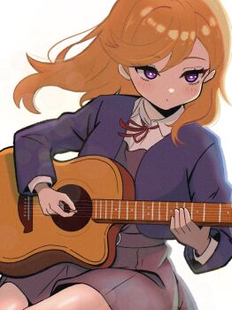 1girl absurdres blue_jacket blush brown_skirt closed_mouth collared_shirt commentary_request expressionless eyelashes guitar highres holding holding_guitar holding_instrument holding_plectrum instrument jacket koikuchitsuyu long_hair long_sleeves love_live! love_live!_superstar!! neck_ribbon open_clothes open_jacket orange_hair playing_instrument plectrum purple_eyes red_ribbon ribbon shibuya_kanon shirt skirt solo white_shirt