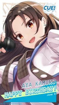 1girl blurry blurry_background breasts brown_eyes brown_ribbon character_name copyright_name cue! dated earrings english_text from_below happy_birthday highres holding holding_microphone jacket jewelry kamuro_aya large_breasts lips long_hair long_sleeves looking_at_viewer microphone official_art open_mouth parted_bangs pink_jacket pink_shirt plaid_ribbon ribbon shirako_miso shirt smile solo tented_shirt tsurime upper_body