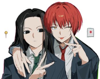 2boys black_hair black_jacket closed_mouth collared_shirt commentary_request diagonal-striped_clothes diagonal-striped_necktie formal_clothes green_necktie hand_on_another's_shoulder highres hisoka_morow hunter_x_hunter illumi_zoldyck jacket long_hair looking_at_another looking_at_viewer male_focus multiple_boys necktie red_hair red_necktie sevenlistening shirt short_hair simple_background striped_clothes suit suit_jacket tongue tongue_out v white_background white_shirt yellow_eyes