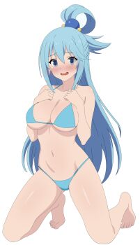 1girl absurdres anime_coloring aqua_(konosuba) barefoot bikini blue_bikini blue_eyes blue_hair blush breasts cleavage collarbone frixtied full_body hair_ornament hair_rings hands_on_own_chest highres kneeling kono_subarashii_sekai_ni_shukufuku_wo! long_hair looking_at_viewer medium_breasts navel open_mouth simple_background single_hair_ring solo sphere_hair_ornament swimsuit white_background