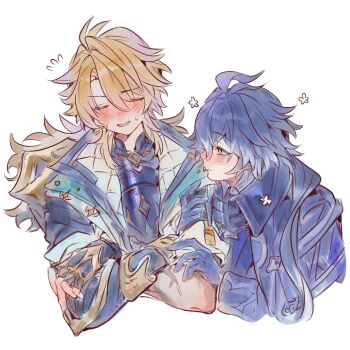 2boys antenna_hair black_capelet black_gloves blonde_hair blue_hair blush capelet closed_mouth collared_capelet cropped_torso crossed_arms flins_(genshin_impact) flying_sweatdrops genshin_impact gloves gradient_hair hashtag-only_commentary highres jacket locked_arms long_hair looking_at_another male_focus multicolored_hair multiple_boys nervous open_mouth parted_bangs simple_background timaru58252589 varka_(genshin_impact) very_long_hair white_background yellow_eyes