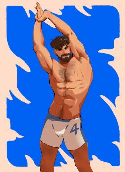 1boy abs absurdres armpit_hair armpits arms_up bare_pectorals beard biceps black_hair bulge commentary english_commentary facial_hair highres looking_to_the_side male_focus marvel marvel_rivals multicolored_hair muscular muscular_male nipples nj_(diar0za) pectorals reed_richards shorts stretching topless_male white_hair white_shorts