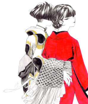 Rule 34 | 2girls, absurdres, ameishi, choker, commentary request, cowboy shot, from behind, half-closed eyes, hand on another's back, highres, japanese clothes, kimono, lips, long sleeves, looking back, millipen (medium), multiple girls, obi, obijime, original, partially colored, pen (medium), print kimono, red kimono, ribbon choker, sash, short hair, signature, traditional media, updo, white background