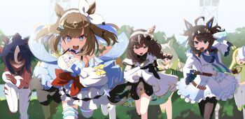 6+girls ahoge almond_eye_(umamusume) animal_ears black_hair blue_eyes blurry blurry_background blush braid breasts brown_hair cleavage collarbone curren_bouquetd'or_(umamusume) daring_tact_(umamusume) detached_sleeves faceless faceless_female fingerless_gloves gloves highres horse_girl japan_cup long_hair low_twin_braids medium_breasts multiple_girls open_mouth pants pantyhose running scene_reference sky thighhighs twin_braids umamusume yukke_jan