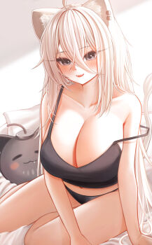 1girl absurdres ahoge animal_ears black_bra black_panties bra breasts cleavage commentary_request grey_eyes grey_hair highres hololive large_breasts lion_ears lion_girl lion_tail long_hair looking_at_viewer open_mouth panties ruo1001 shishiro_botan smile solo spaghetti_strap ssrb_(shishiro_botan) strap_slip tail underwear very_long_hair virtual_youtuber