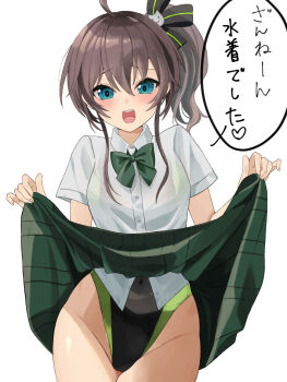 1girl ahoge blue_eyes blush bow bowtie breasts brown_hair clothes_lift commentary_request covered_navel cowboy_shot dodo_ddd_08 eyelashes green_bow green_bowtie hair_between_eyes hair_ribbon highres hololive leotard leotard_under_clothes lifting_own_clothes long_hair looking_at_viewer natsuiro_matsuri open_mouth pleated_skirt ribbon school_uniform shirt short_sleeves side_ponytail simple_background skirt skirt_lift small_breasts smile solo speech_bubble thighs translated virtual_youtuber white_background white_shirt