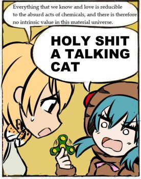 2girls adventures_of_sonic_the_hedgehog animal_print black_eyes blonde_hair blue_hair border bow bowtie breasts comic_panel_redraw deculture derivative_work english_text fake_scan female_focus fidget_spinner from_side hair_between_eyes holding holding_toy hood impact_(font) jitome kemono_friends leopard_print long_sleeves looking_at_another medium_breasts meme multiple_girls o_o open_mouth parody pink_ribbon profanity profile ribbon serval_(kemono_friends) short_hair shouting sidelocks simple_background sleeveless sonic_(series) speech_bubble surprised sweatdrop tareme toy tsuchinoko_(kemono_friends) upper_body v-shaped_eyebrows white_border will_you_fight_or_will_you_perish_like_a_dog?_(meme) yellow_background yellow_bow yellow_bowtie