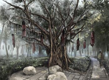 1girl black_eyes black_hair brown_shoes bush commentary day forest green_jacket hands_in_pockets hanged highres jacket long_hair long_sleeves nature original outdoors pants path road rock rope rope_around_neck scenery shoes suicide tree very_wide_shot walking zhuxie1264852