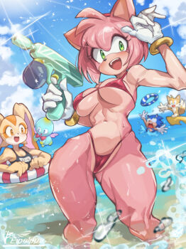 2boys 2girls absurdres amy_rose animal_ears bikini blue_fur blue_one-piece_swimsuit blue_sky blush body_fur breasts chao_(sonic) cheese_(sonic) cloud cream_the_rabbit fox_boy fox_ears fox_tail furry furry_female gloves green_eyes headband hedgehog_boy hedgehog_girl highres iparupua looking_at_viewer medium_breasts multiple_boys multiple_girls navel ocean one-piece_swimsuit open_mouth outdoors pink_fur pink_hair rabbit_ears rabbit_girl red_bikini red_headband short_hair sky smile sonic_(series) sonic_the_hedgehog swimsuit tail tails_(sonic) teeth upper_teeth_only wading water white_gloves yellow_fur
