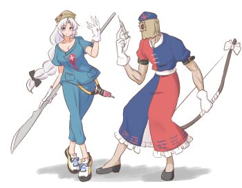 1boy 1girl bag bag_over_head black_shoes blue_dress blue_hat bow_(weapon) bright_pupils brown_hat closed_mouth cosplay costume_switch dress faust_(guilty_gear) full_body gloves glowing glowing_eye glowing_eyes grey_eyes grey_hair guilty_gear hat highres holding holding_bow_(weapon) holding_syringe holding_weapon long_hair looking_at_viewer mizusoba paper_bag red_dress red_eyes shoes simple_background smile sneakers syringe touhou trigram two-tone_dress very_long_hair weapon white_background white_gloves white_pupils yagokoro_eirin