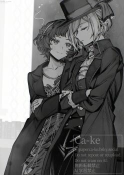 2girls against_wall ascot boater_hat bow closed_eyes closed_mouth coat collared_shirt cowboy_shot crossed_arms feather_dress feather_hair_ornament feathers greyscale hair_bun hair_ornament hat hat_bow heart jewelry looking_at_another monochrome multiple_girls necklace open_clothes open_coat pants paperca-ke profile reverse:1999 schneider_(reverse:1999) shirt short_hair single_side_bun smile vertin_(reverse:1999) vest waistcoat watermark yuri