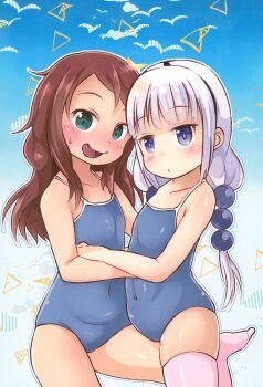 2girls blush brown_hair collarbone expressionless green_eyes hair_ornament highres hug kanna_kamui kazuya kobayashi-san_chi_no_maidragon kodomo_doushi leg_between_thighs loli long_hair multiple_girls navel one-piece_swimsuit open_mouth pink_socks purple_eyes purple_hair saikawa_riko sky smile socks source_request sweat swimsuit twintails yuri