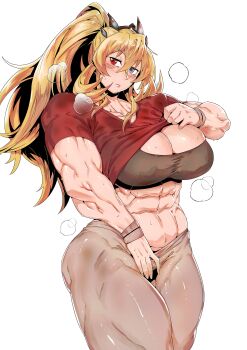 1girl abs absurdres barghest_(fate) biceps blonde_hair blue_eyes blush breasts brown_pants cleavage clothes_lift commentary fate/grand_order fate_(series) heterochromia highres horns large_breasts long_hair looking_at_viewer minew muscular muscular_female navel pants red_eyes red_shirt shirt short_sleeves solo symbol-only_commentary thick_thighs thighs white_background