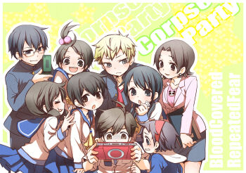 Rule 34 | 3boys, 6+girls, :3, alba (ep), black eyes, black hair, blonde hair, book, brown eyes, brown hair, cellphone, corpse party, curly hair, earrings, closed eyes, glasses, hair bobbles, hair ornament, hairband, hairclip, hairpin, handheld game console, headband, jewelry, kishinuma yoshiki, long hair, mochida satoshi, mochida yuka, morishige sakutarou, multiple boys, multiple girls, nakashima naomi, necklace, open mouth, phone, playstation portable, ponytail, school uniform, serafuku, shinohara seiko, shinozaki ayumi, shishido yui, short hair, smile, suzumoto mayu, tears, twintails