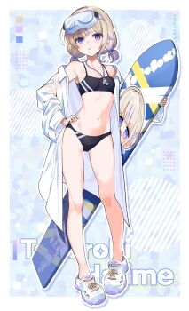 1girl bikini black_bikini blonde_hair breasts character_name coat commentary_request full_body goggles goggles_on_head gradient_hair hand_on_own_hip highres holding holding_surfboard hololive hololive_dev_is kutata looking_at_viewer low_twintails multicolored_hair navel open_mouth purple_hair purple_streaks short_hair short_twintails slippers small_breasts solo standing stomach streaked_hair surfboard swimsuit todoroki_hajime twintails virtual_youtuber whistle whistle_around_neck white_coat