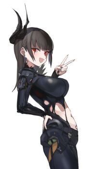 1girl :d absurdres armor behemoth_(nikke) black_armor black_bodysuit black_hair black_horns black_liquid black_nails blunt_bangs bodysuit boobplate breastplate breasts commentary cowboy_shot ear_piercing facial_mark from_side goddess_of_victory:_nikke hand_on_own_hip highres horns large_breasts liquid_clothes long_hair looking_at_viewer midriff navel neck_tattoo open_mouth piercing pubic_tattoo red_eyes sidelocks simple_background smile solo standing sumi_(pixiv_123219118) tattoo v white_background
