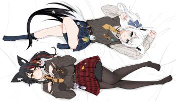 2girls animal_ear_fluff animal_ears arm_up black_hair black_pantyhose black_socks blue_eyes blue_skirt closed_mouth fox_ears fox_girl fox_tail full_body hand_up highres hololive knee_up kneehighs long_hair long_sleeves lying miya_azn multicolored_hair multicolored_tail multiple_girls necktie on_back ookami_mio ookami_mio_(10th_costume) pantyhose parted_lips red_hair red_skirt ribbed_socks school_uniform shirakami_fubuki shirakami_fubuki_(11th_costume) skirt socks streaked_hair sweater tail virtual_youtuber white_hair wolf_ears wolf_girl wolf_tail yellow_eyes yellow_necktie