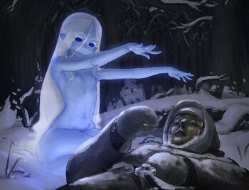 1boy 1girl a_song_of_ice_and_fire armor blue_eyes blue_sclera blue_skin chainmail colored_sclera colored_skin completely_nude duplicate expressionless flat_chest forest frostbite frozen full_body highres long_hair monster_girl nature navel night nipples nude outdoors seiza sitting snow sword_hilt wass_nonnam white_hair white_walker_(a_song_of_ice_and_fire)