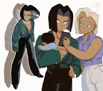 1boy 1girl absurdres alternate_costume alternate_skin_color android_17 android_18 arm_up baby black_hair black_pants black_shoes blonde_hair blue_pupils blue_shirt bob_cut cal_monssi carrying carrying_baby carrying_person cellphone collarbone denim_vest dragon_ball dragonball_z earrings floating_hair food fruit green_shirt hand_on_own_hip highres holding holding_phone hoop_earrings jewelry lemon long_sleeves looking_at_phone looking_at_viewer open_mouth pants phone plunging_neckline shirt shirt_tucked_in shoes short_hair siblings sidelocks sleeveless smartphone standing sweatdrop tan watermark white_pants zoom_layer