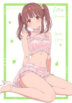 Rule 34 | 1girl, absurdres, anniversary, bare shoulders, blunt bangs, blush, breasts, brown eyes, brown hair, character name, choker, closed mouth, flower, frilled choker, frilled skirt, frilled tube top, frills, hair flower, hair ornament, high heels, highres, idolmaster, idolmaster cinderella girls, koukashita, long hair, looking at viewer, miniskirt, navel, ogata chieri, pink choker, pink skirt, pink tube top, sidelocks, sitting, skirt, small breasts, solo, strapless, tube top, twintails, yokozuwari